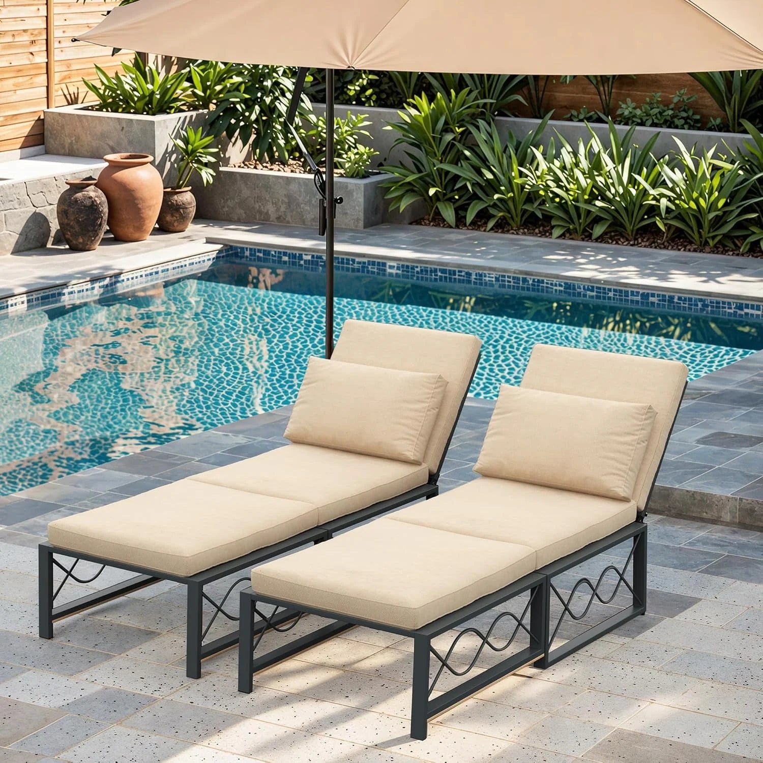 AECOJOY Outdoor Metal Chaise Lounge Chair, Convertible Patio Armchair with Cushions, Adjustable 5-Position Recliner