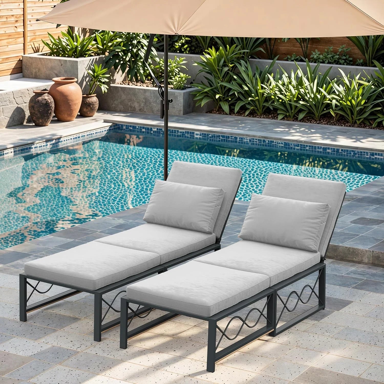 AECOJOY Outdoor Metal Chaise Lounge Chair, Convertible Patio Armchair with Cushions, Adjustable 5-Position Recliner