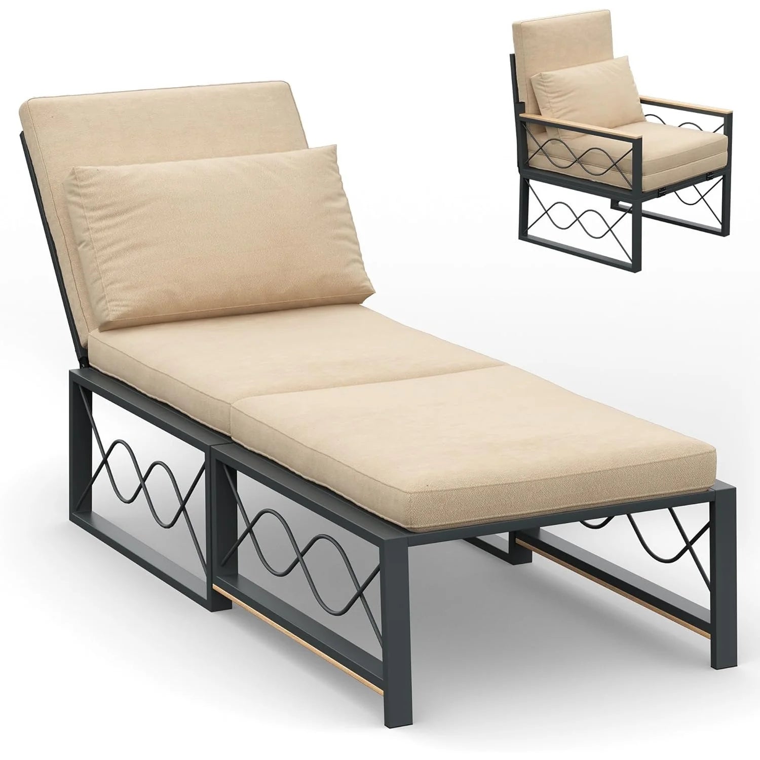 AECOJOY Outdoor Metal Chaise Lounge Chair, Convertible Patio Armchair with Cushions, Adjustable 5-Position Recliner