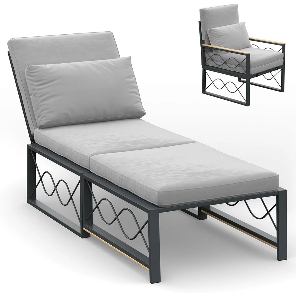 AECOJOY Outdoor Metal Chaise Lounge Chair, Convertible Patio Armchair with Cushions, Adjustable 5-Position Recliner