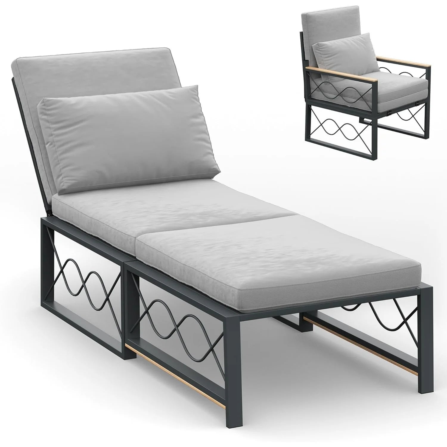 AECOJOY Outdoor Metal Chaise Lounge Chair, Convertible Patio Armchair with Cushions, Adjustable 5-Position Recliner