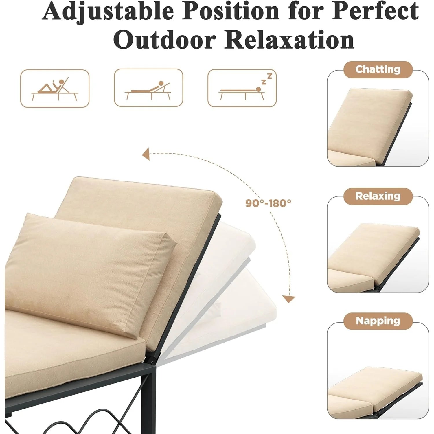 AECOJOY Outdoor Metal Chaise Lounge Chair, Convertible Patio Armchair with Cushions, Adjustable 5-Position Recliner