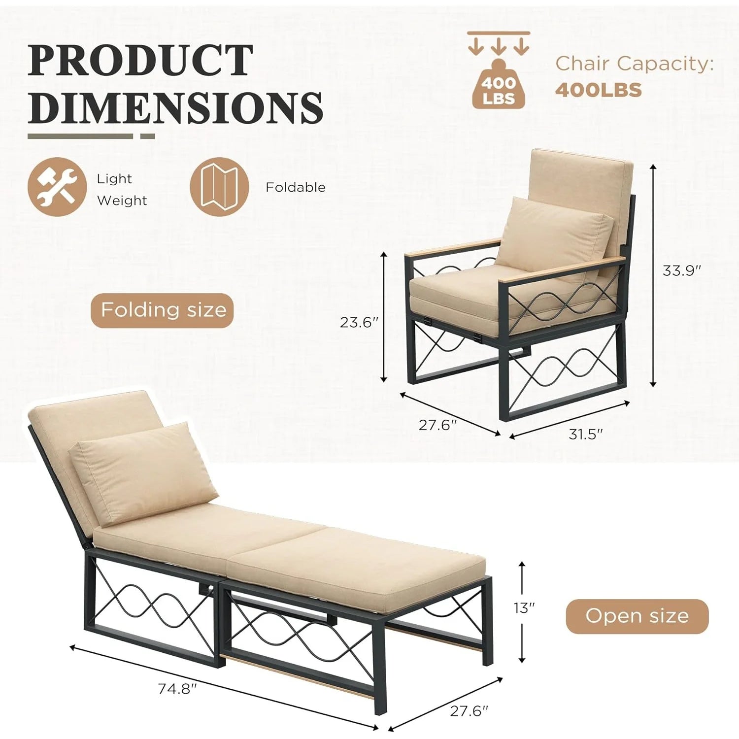 AECOJOY Outdoor Metal Chaise Lounge Chair, Convertible Patio Armchair with Cushions, Adjustable 5-Position Recliner