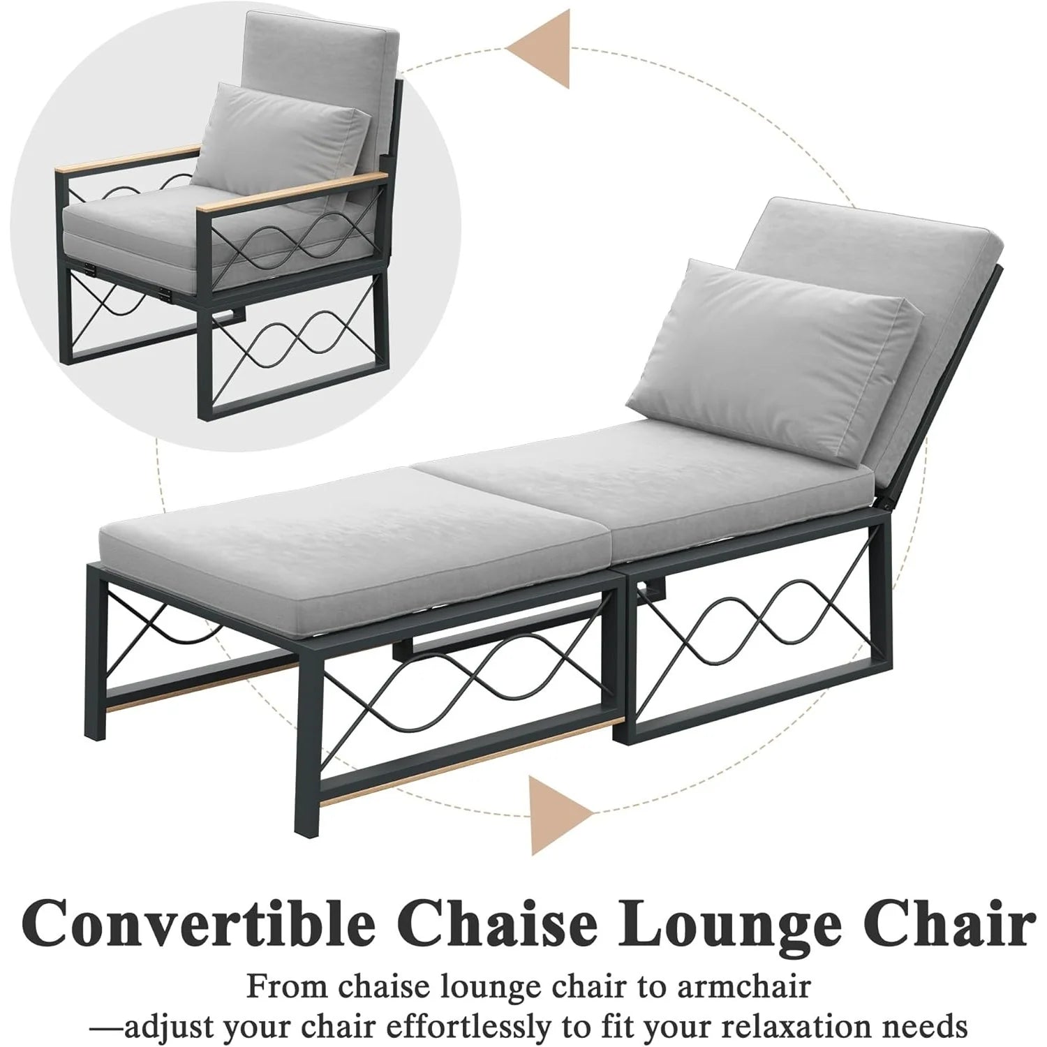 AECOJOY Outdoor Metal Chaise Lounge Chair, Convertible Patio Armchair with Cushions, Adjustable 5-Position Recliner