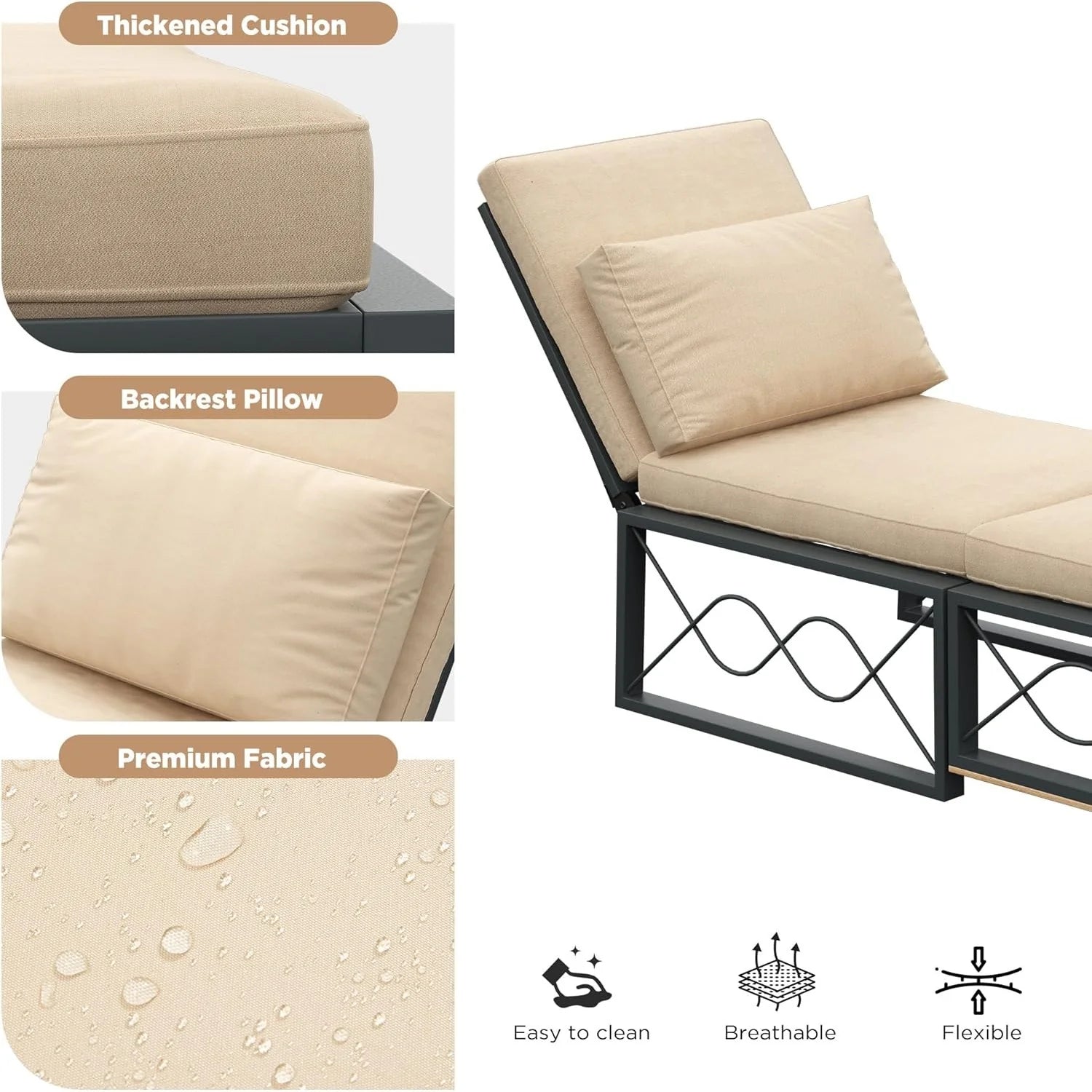 AECOJOY Outdoor Metal Chaise Lounge Chair, Convertible Patio Armchair with Cushions, Adjustable 5-Position Recliner