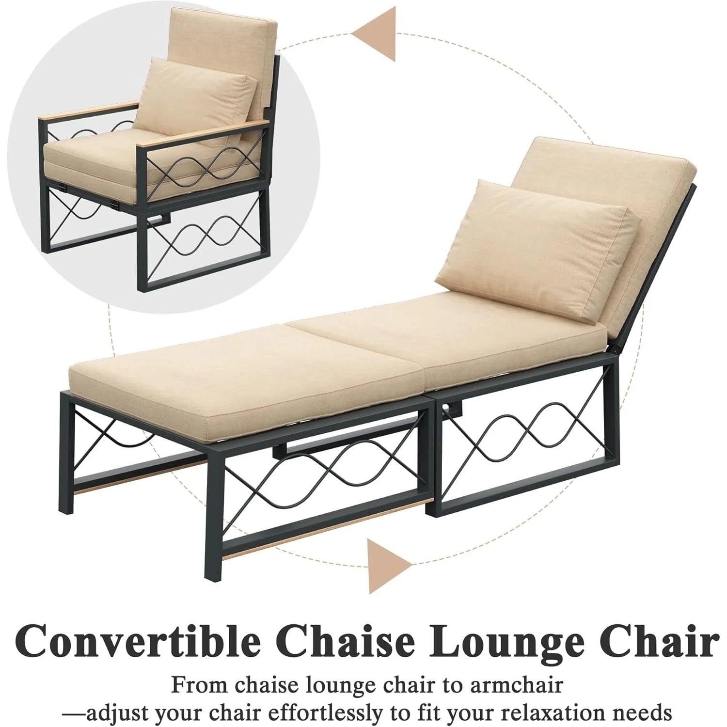 AECOJOY Outdoor Metal Chaise Lounge Chair, Convertible Patio Armchair with Cushions, Adjustable 5-Position Recliner