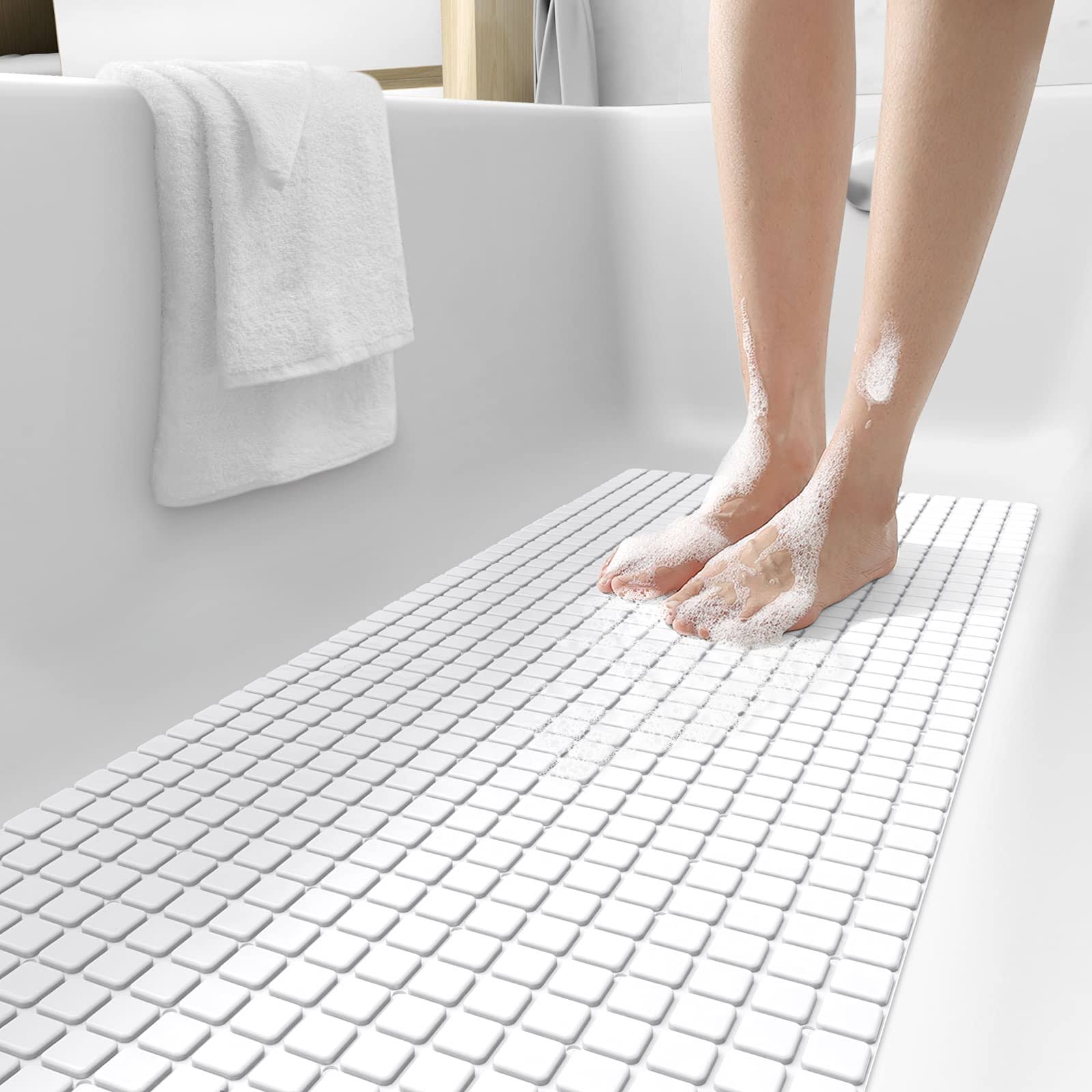 DEXI Bath Tub Shower Mat Non-Slip 16 x 39 Extra Long Bathtub Mats Suction Cups Drain Holes Machine Washable Bathroom Mat White