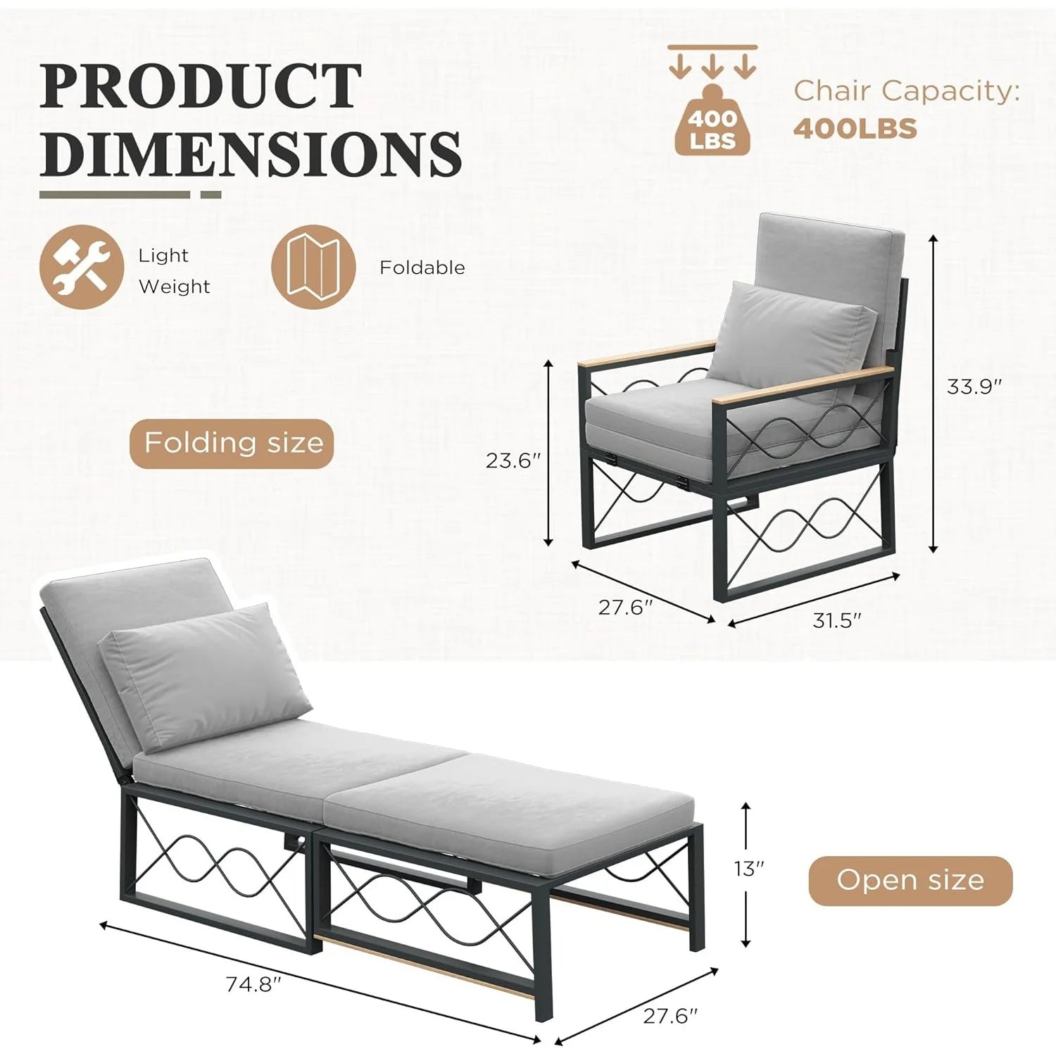 AECOJOY Outdoor Metal Chaise Lounge Chair, Convertible Patio Armchair with Cushions, Adjustable 5-Position Recliner