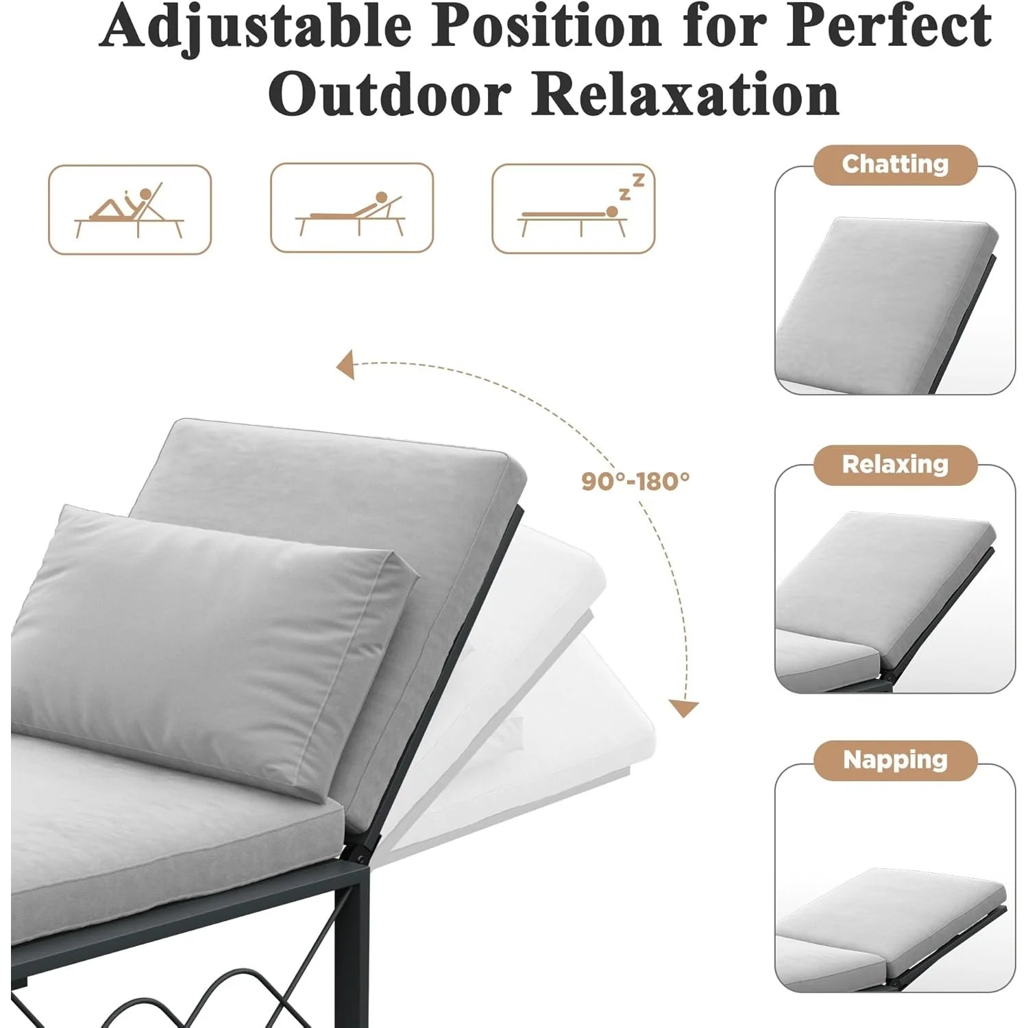 AECOJOY Outdoor Metal Chaise Lounge Chair, Convertible Patio Armchair with Cushions, Adjustable 5-Position Recliner