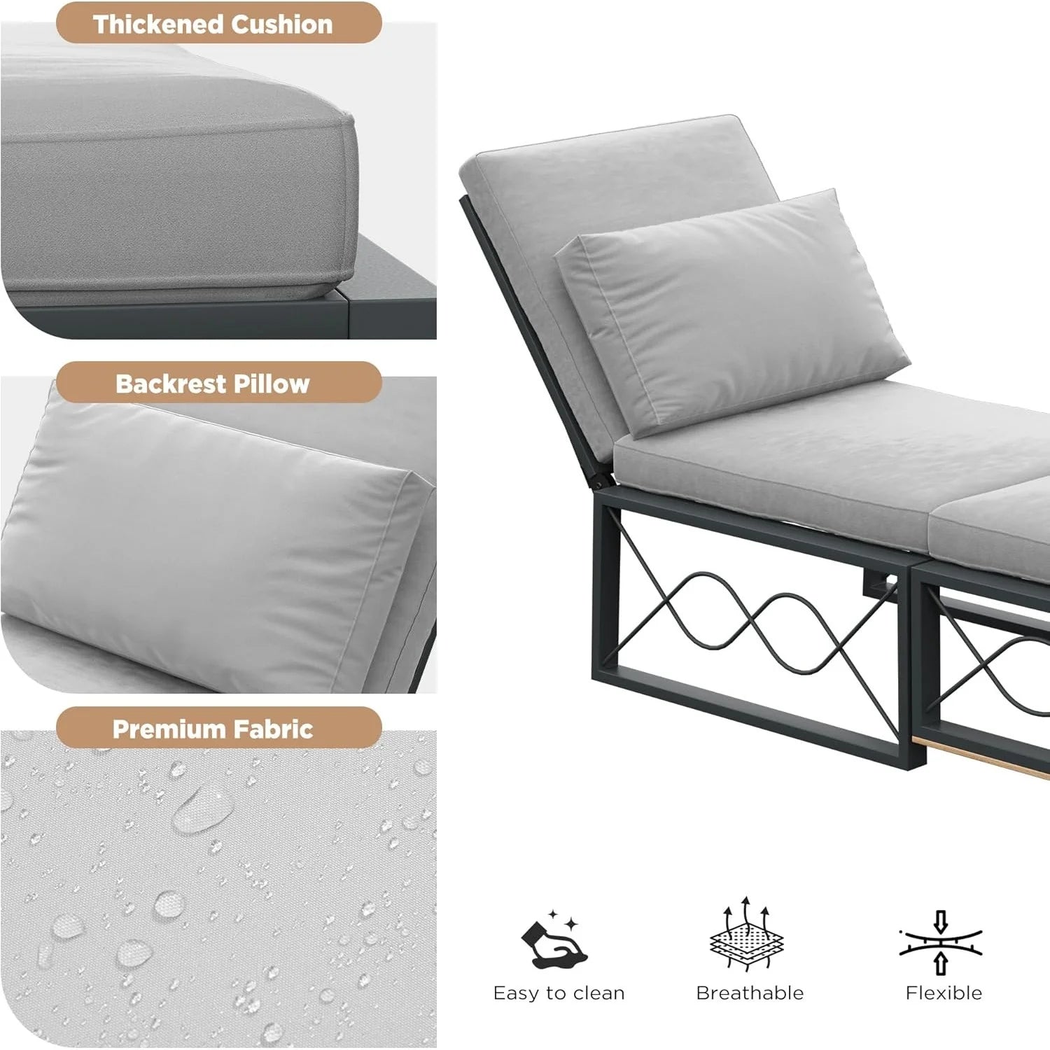 AECOJOY Outdoor Metal Chaise Lounge Chair, Convertible Patio Armchair with Cushions, Adjustable 5-Position Recliner